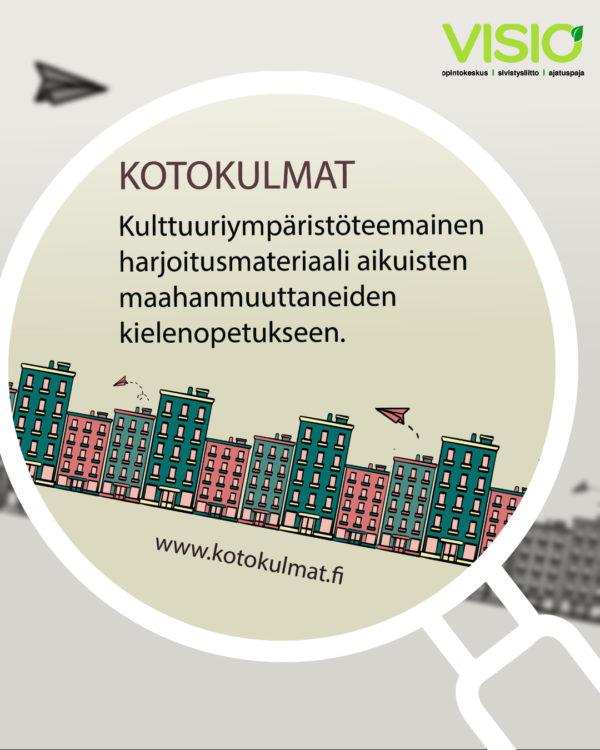 Kotokulmat -materiaalin julakisukuvassa on värikkäitä kaupunkitaloja ja lennokkeja.