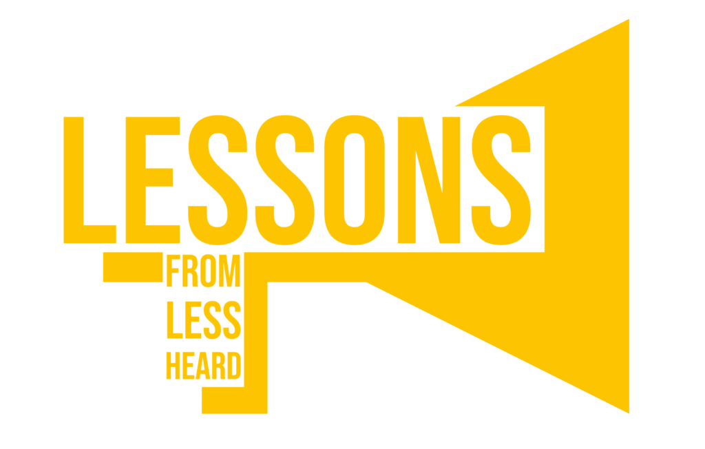 yellow lessons from less heard -logo with. megaphone. 